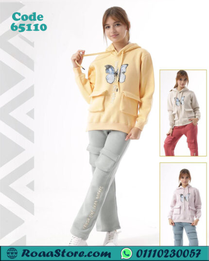 سويت شيرت هودي ترنج بناتي شتوي بطباعة فراشة – كود 65110