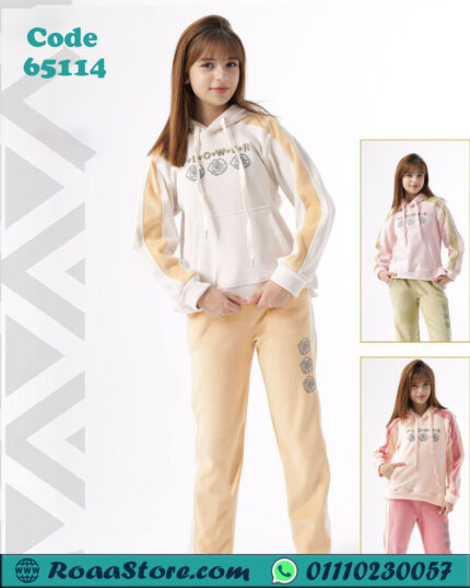 ترنج بناتي شتوي هودي بطباعة Flower دافي ومريح – كود 65114